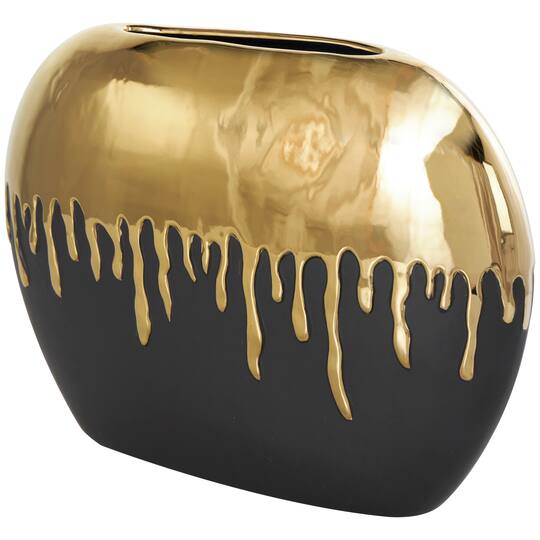 CosmoLiving by Cosmopolitan 11" Black Ceramic Vase with Abstract Gold Melting Drips